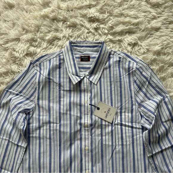 Untuckit Pinot Perse Striped Button Up White Blue New With Tags Size 14 - Picture 4 of 12